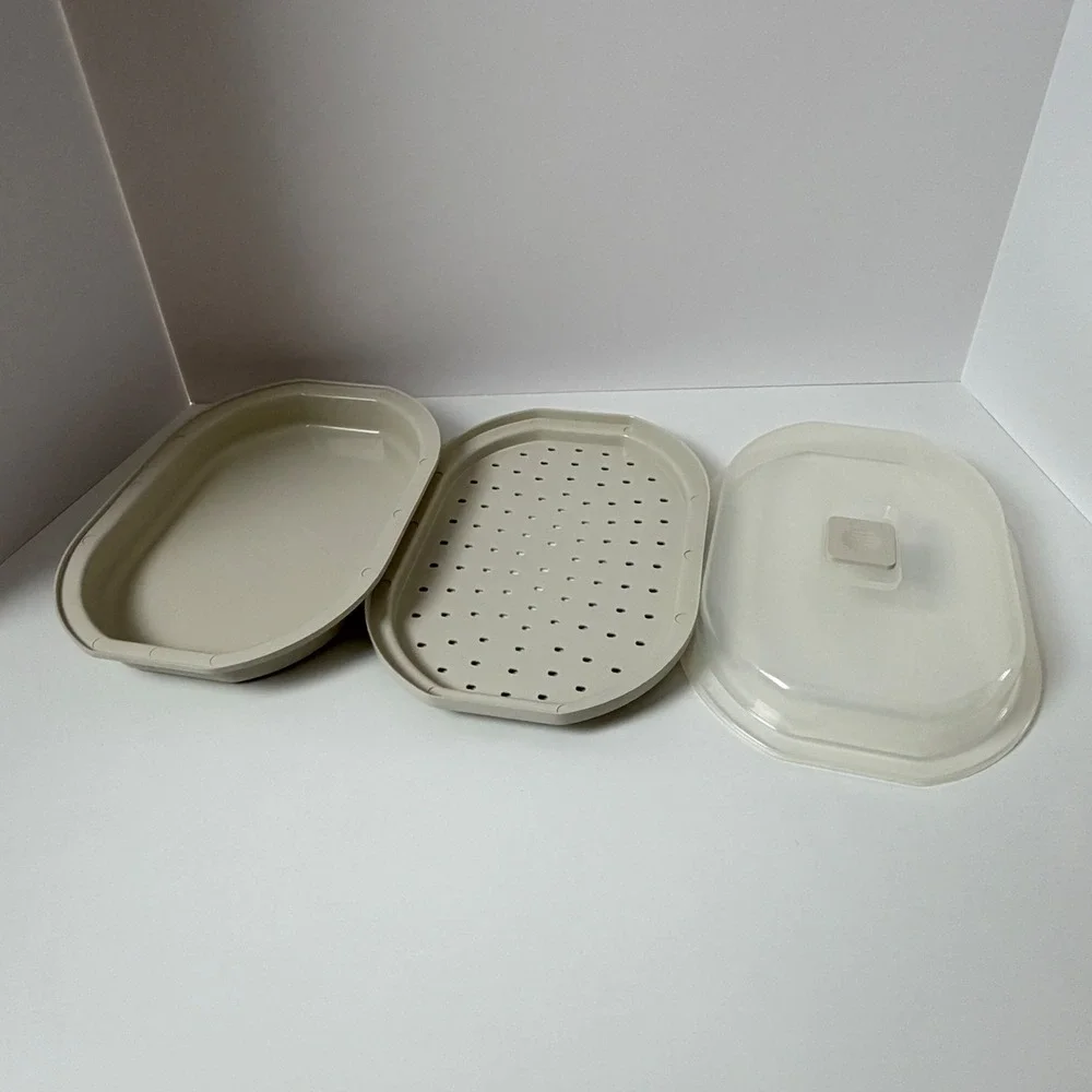 Vintage Progressive Miracle Ware Microwave Steamer Beige 3-Piece Set Vented Lid